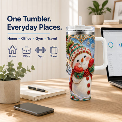 #pl[40oz|White] Christmas Snowman 40oz Tumbler with Handle, Winter Stainless Steel Cup