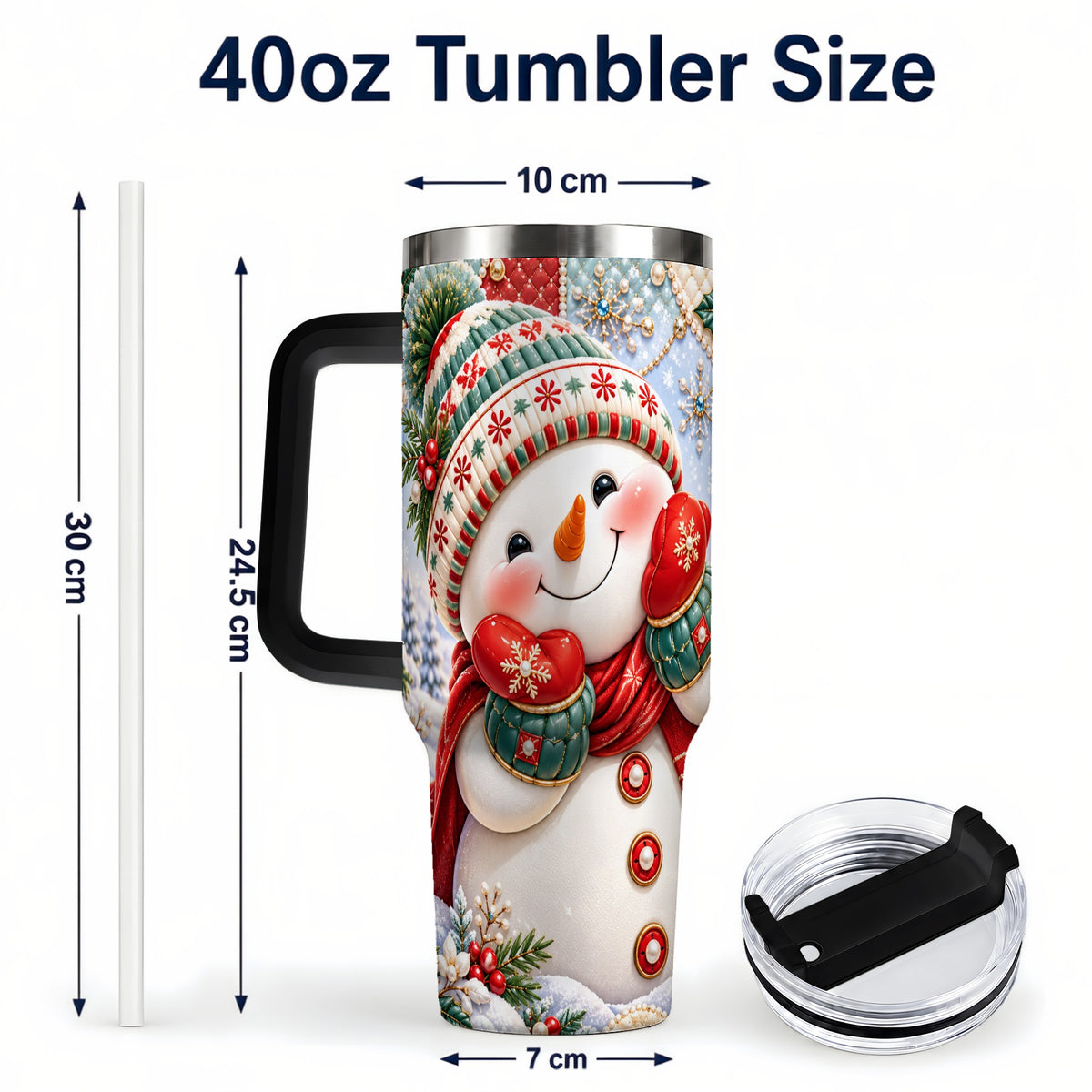 #pl[40oz|Black] Cute Snowman 40oz Tumbler with Handle, Christmas Stainless Steel Cup