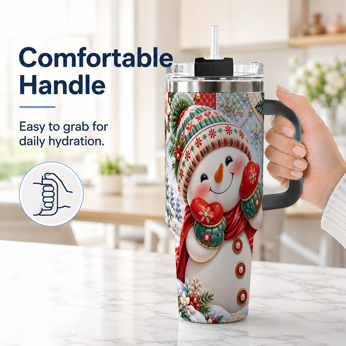 #pl[40oz|Black] Cute Snowman 40oz Tumbler with Handle, Christmas Stainless Steel Cup