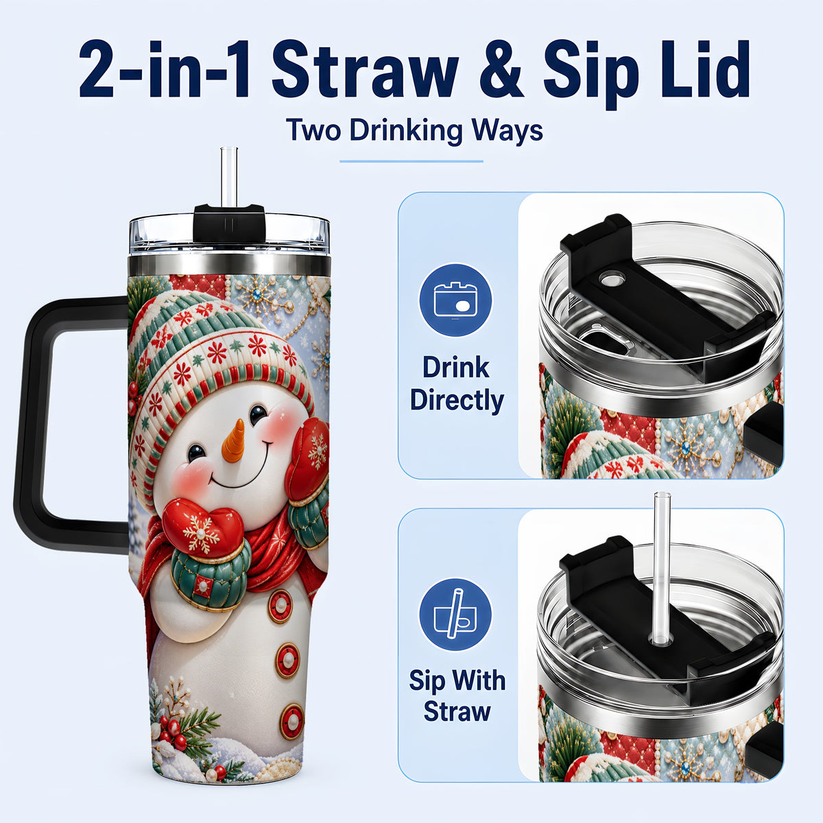 #pl[40oz|Black] Cute Snowman 40oz Tumbler with Handle, Christmas Stainless Steel Cup