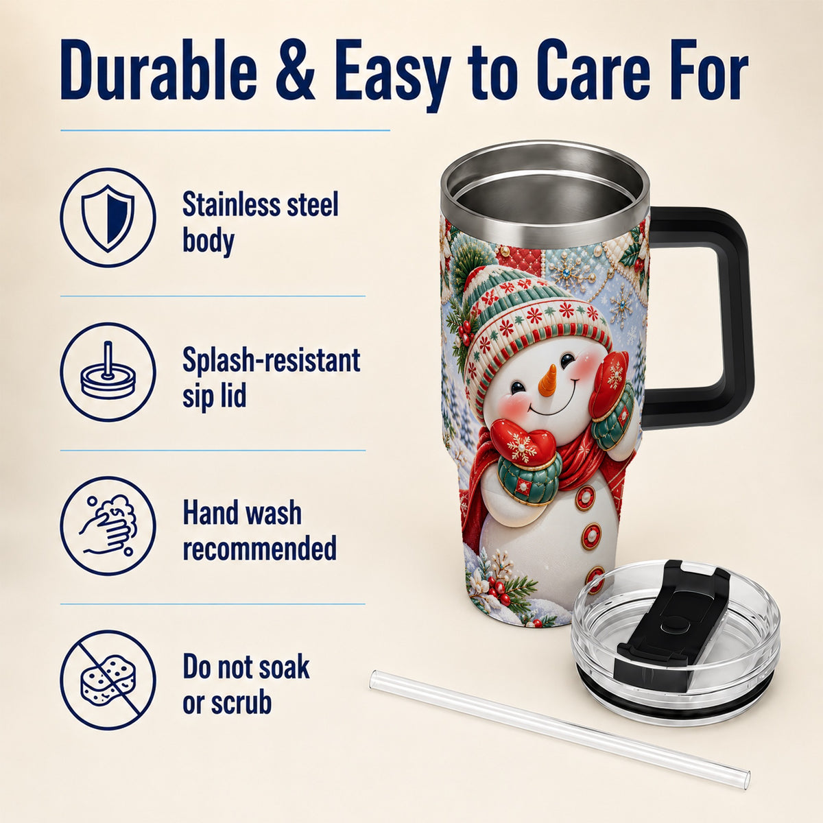 #pl[40oz|Black] Cute Snowman 40oz Tumbler with Handle, Christmas Stainless Steel Cup