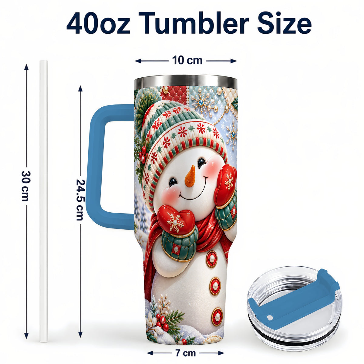 #pl[40oz|Blue] Cute Snowman 40oz Tumbler with Handle, Christmas Stainless Steel Cup