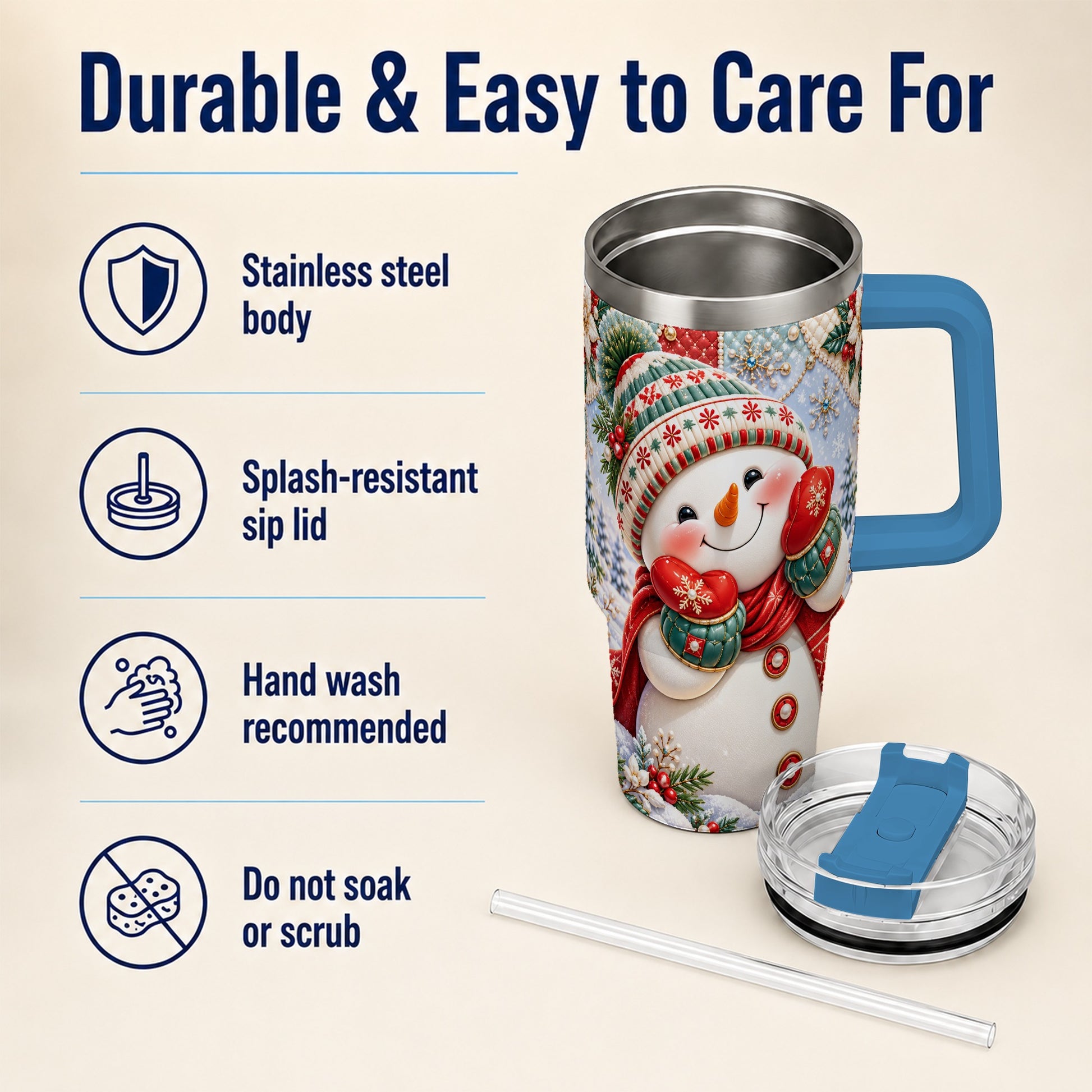 #pl[40oz|Blue] Cute Snowman 40oz Tumbler with Handle, Christmas Stainless Steel Cup