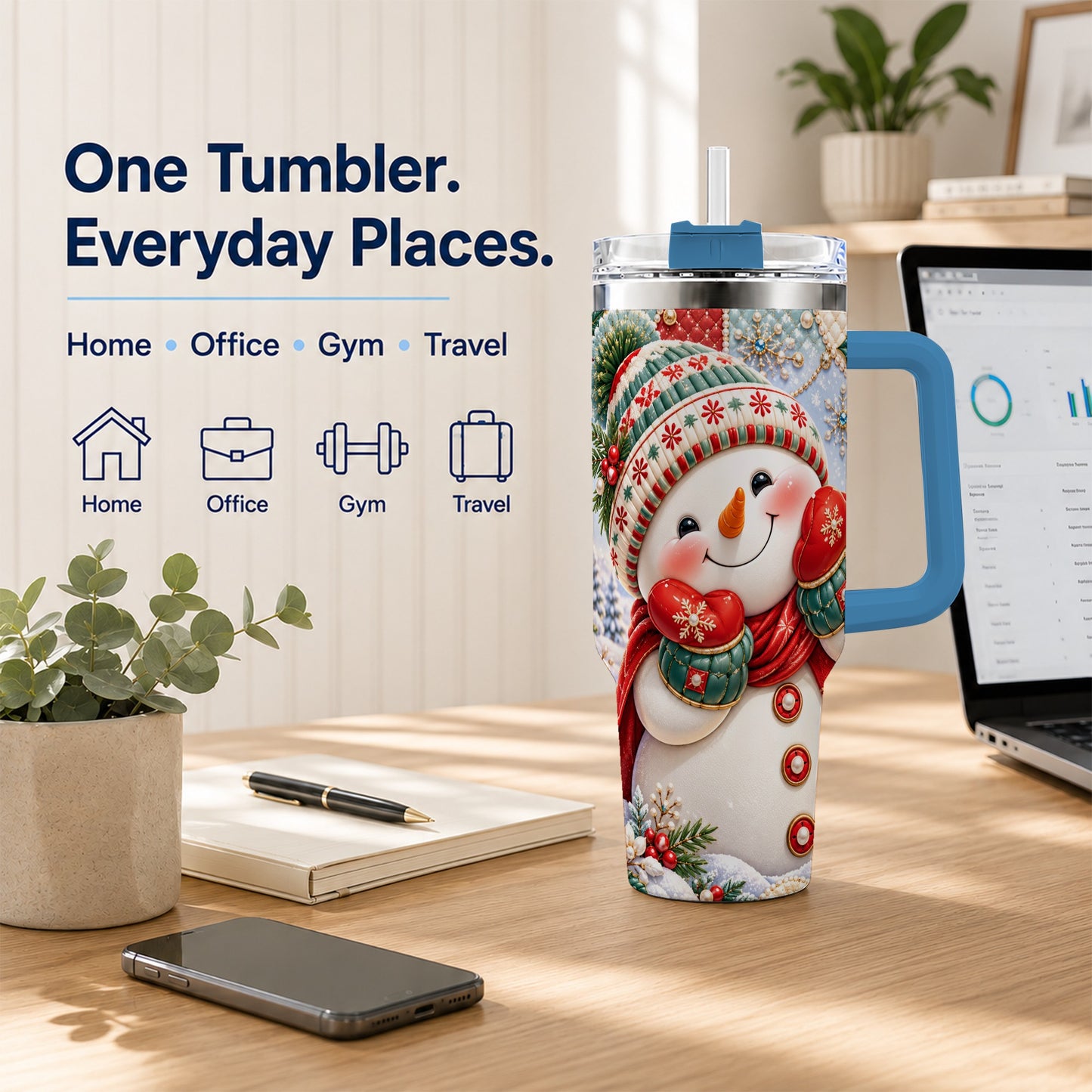 #pl[40oz|Blue] Cute Snowman 40oz Tumbler with Handle, Christmas Stainless Steel Cup