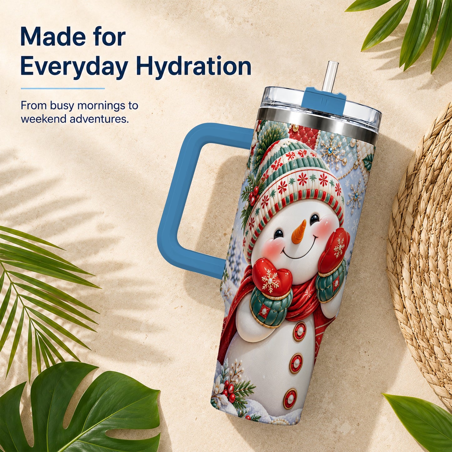 #pl[40oz|Blue] Cute Snowman 40oz Tumbler with Handle, Christmas Stainless Steel Cup