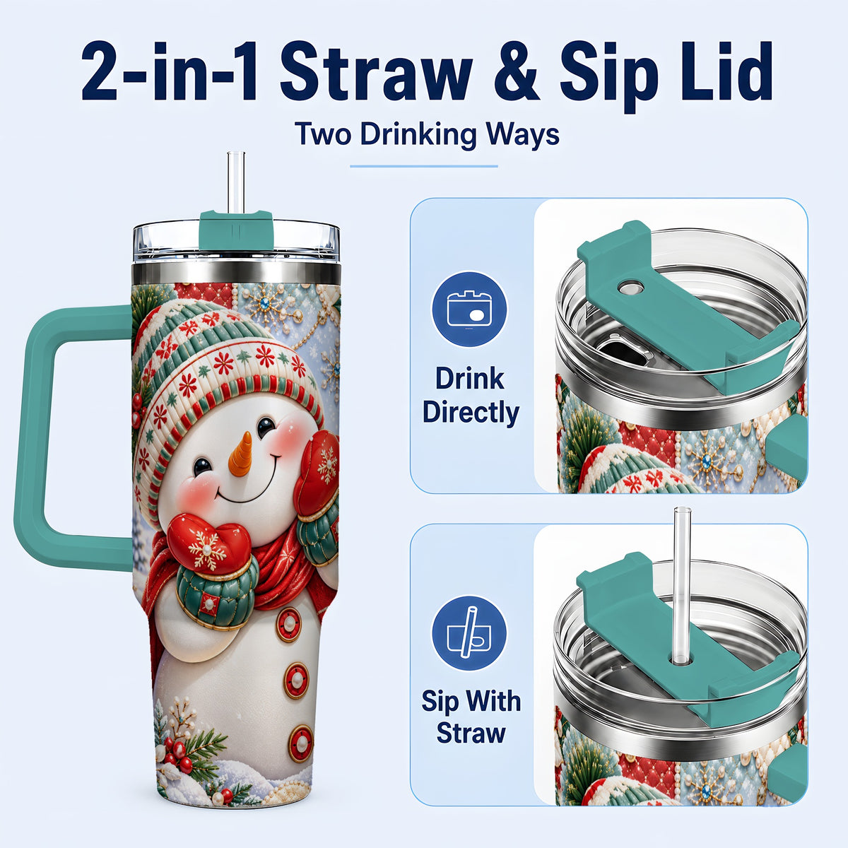 #pl[40oz|Green] Cute Snowman 40oz Tumbler with Handle, Christmas Stainless Steel Cup