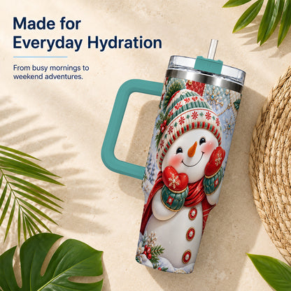#pl[40oz|Green] Cute Snowman 40oz Tumbler with Handle, Christmas Stainless Steel Cup