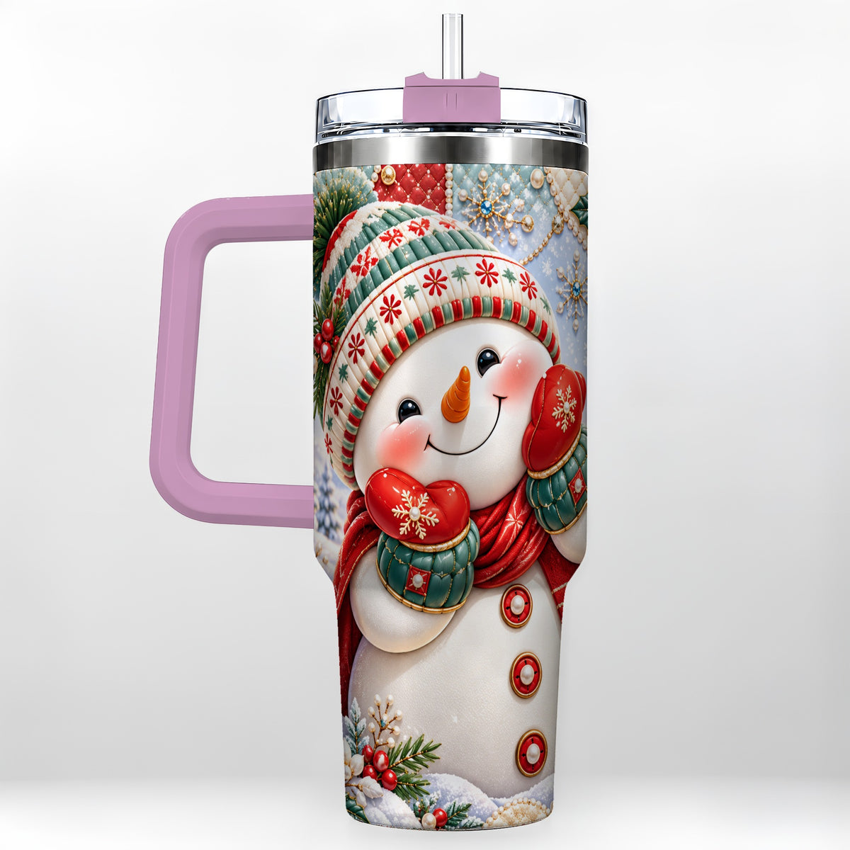 #pl[40oz|Pink] Cute Snowman 40oz Tumbler with Handle, Christmas Stainless Steel Cup