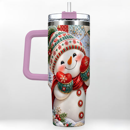 #pl[40oz|Pink] Cute Snowman 40oz Tumbler with Handle, Christmas Stainless Steel Cup
