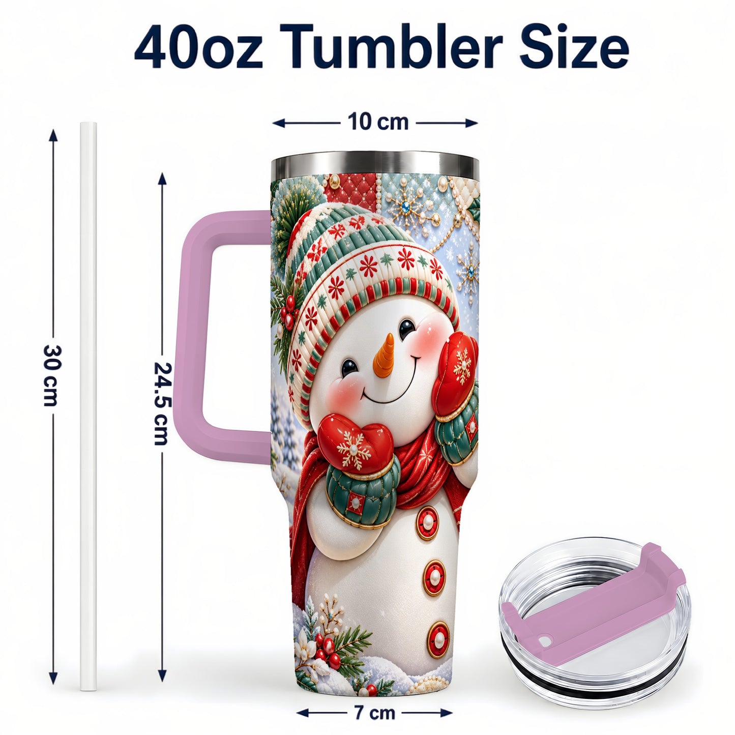 #pl[40oz|Pink] Cute Snowman 40oz Tumbler with Handle, Christmas Stainless Steel Cup