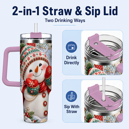 #pl[40oz|Pink] Cute Snowman 40oz Tumbler with Handle, Christmas Stainless Steel Cup