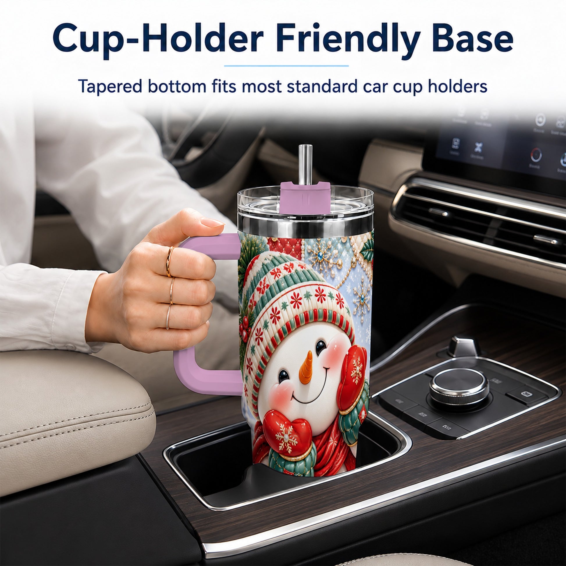 #pl[40oz|Pink] Cute Snowman 40oz Tumbler with Handle, Christmas Stainless Steel Cup