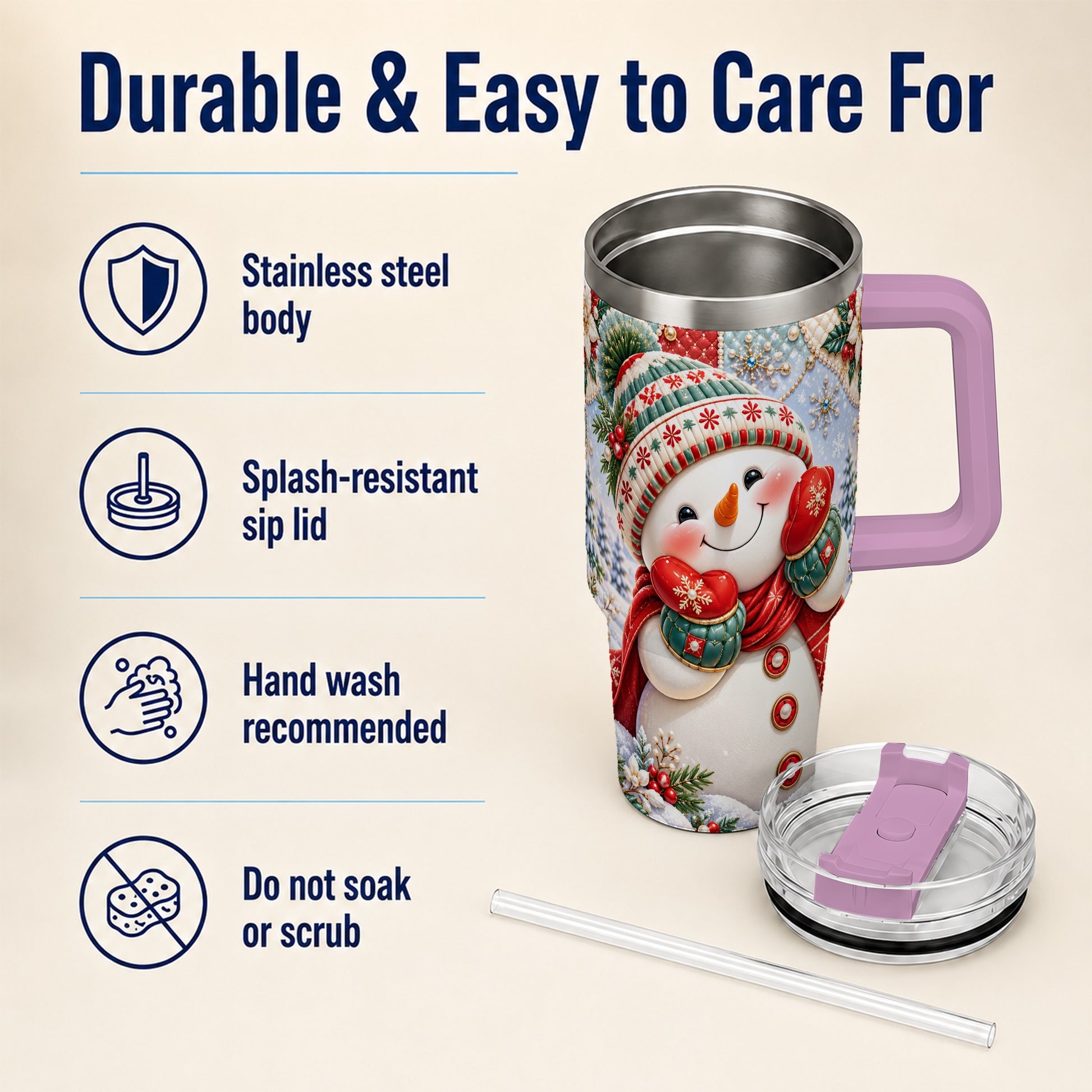 #pl[40oz|Pink] Cute Snowman 40oz Tumbler with Handle, Christmas Stainless Steel Cup