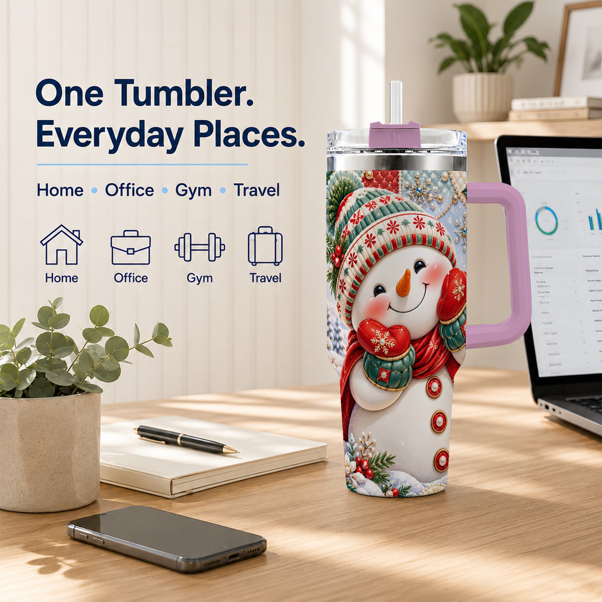 #pl[40oz|Pink] Cute Snowman 40oz Tumbler with Handle, Christmas Stainless Steel Cup