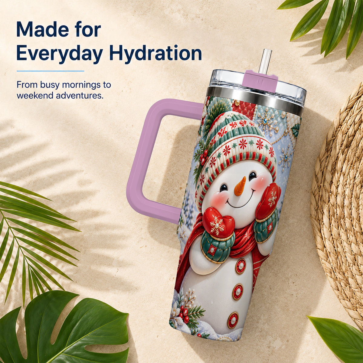 #pl[40oz|Pink] Cute Snowman 40oz Tumbler with Handle, Christmas Stainless Steel Cup