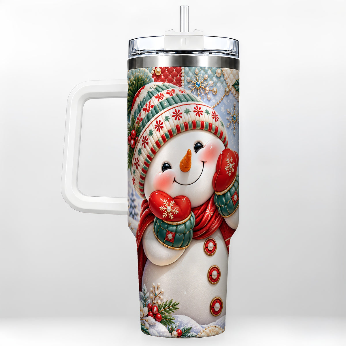 Cute Snowman 40oz Tumbler with Handle, Christmas Stainless Steel Cup