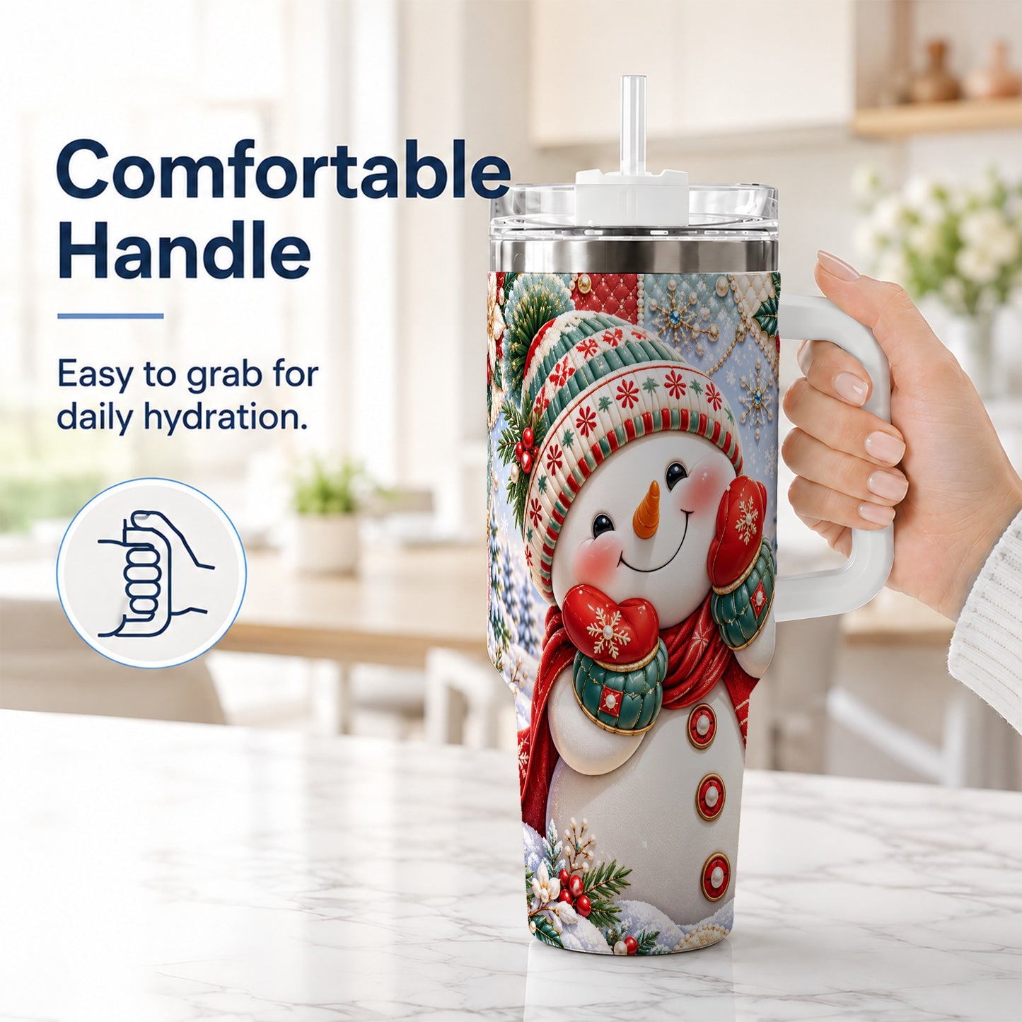 #pl[40oz|White] Cute Snowman 40oz Tumbler with Handle, Christmas Stainless Steel Cup