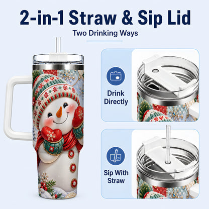 #pl[40oz|White] Cute Snowman 40oz Tumbler with Handle, Christmas Stainless Steel Cup