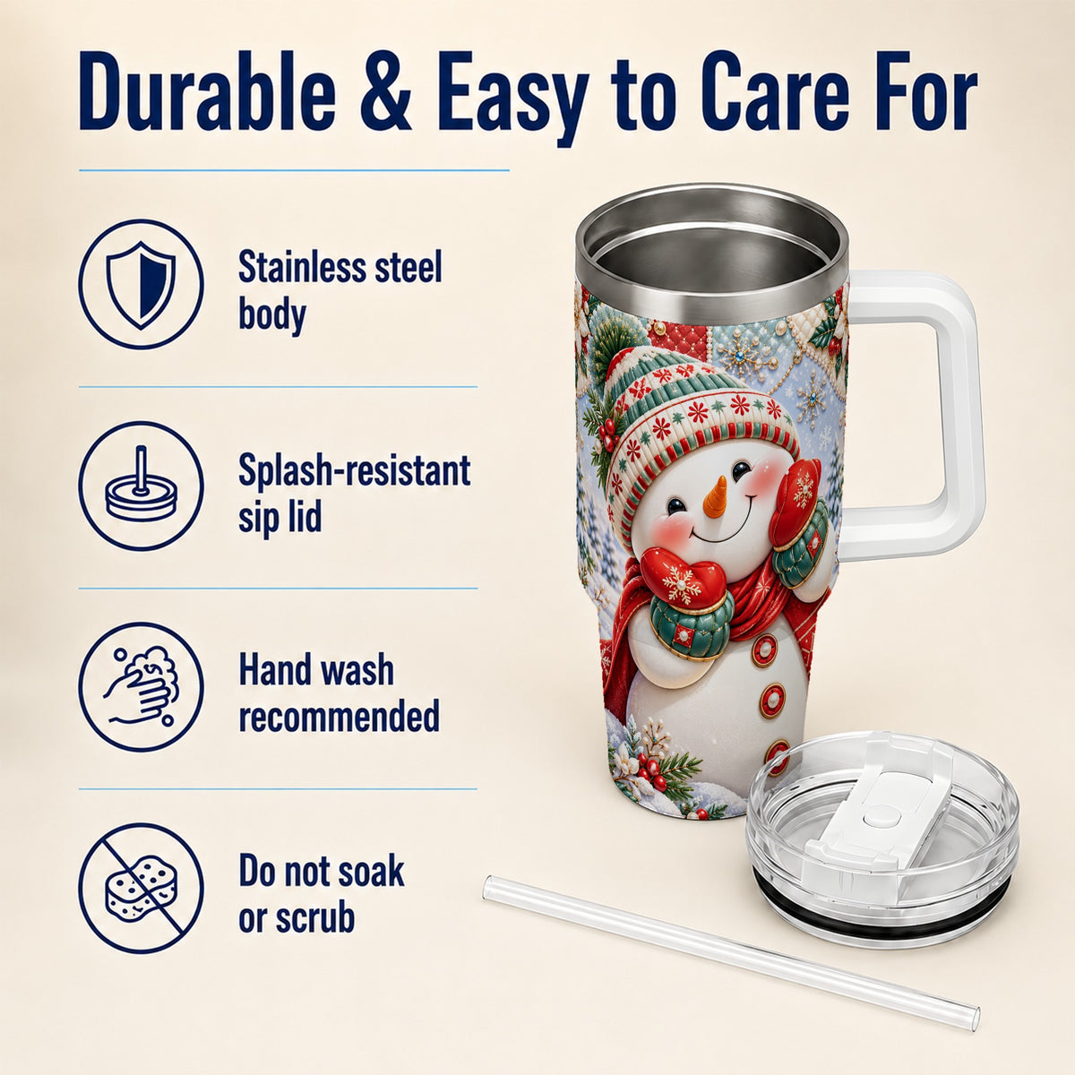 #pl[40oz|White] Cute Snowman 40oz Tumbler with Handle, Christmas Stainless Steel Cup