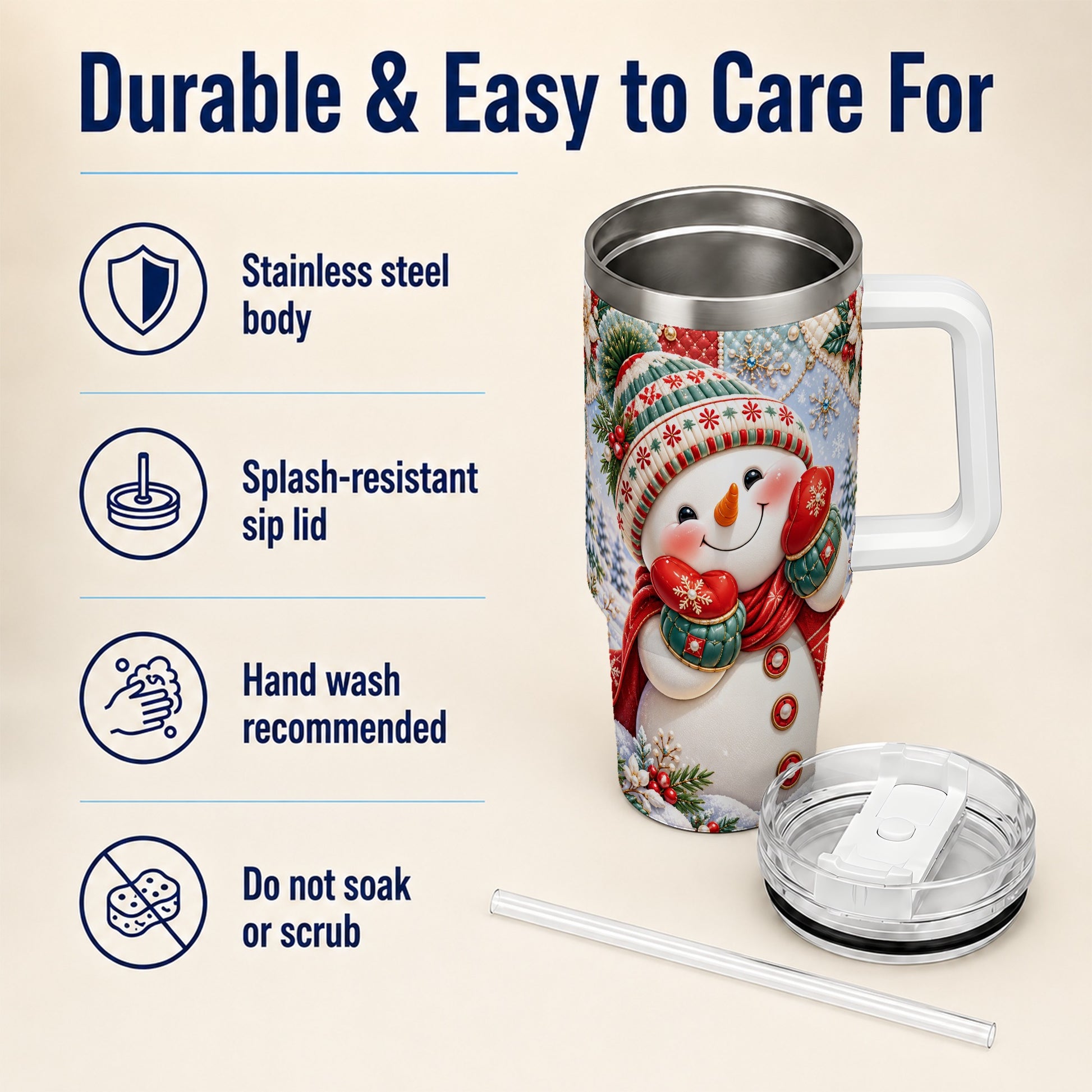 #pl[40oz|White] Cute Snowman 40oz Tumbler with Handle, Christmas Stainless Steel Cup