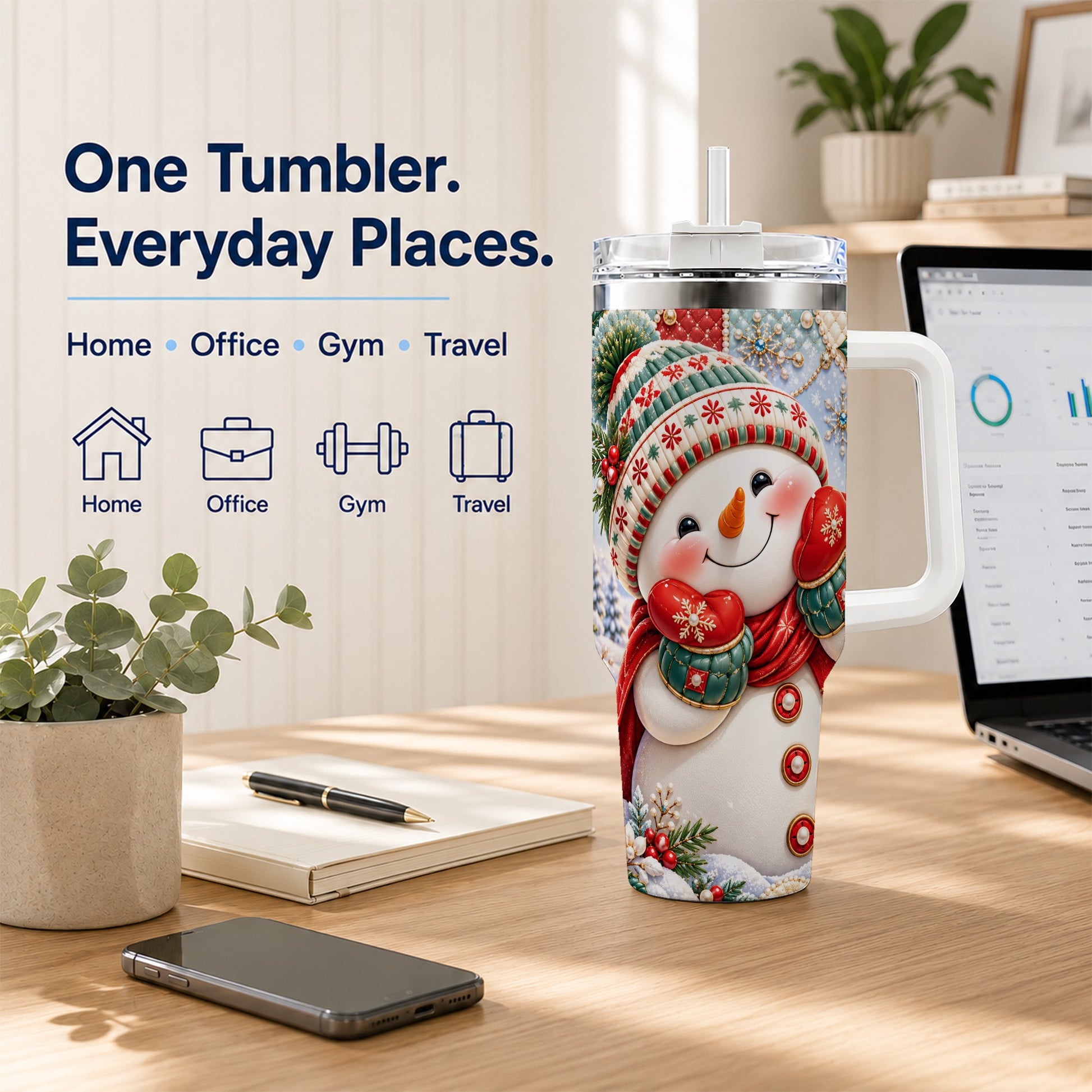 #pl[40oz|White] Cute Snowman 40oz Tumbler with Handle, Christmas Stainless Steel Cup
