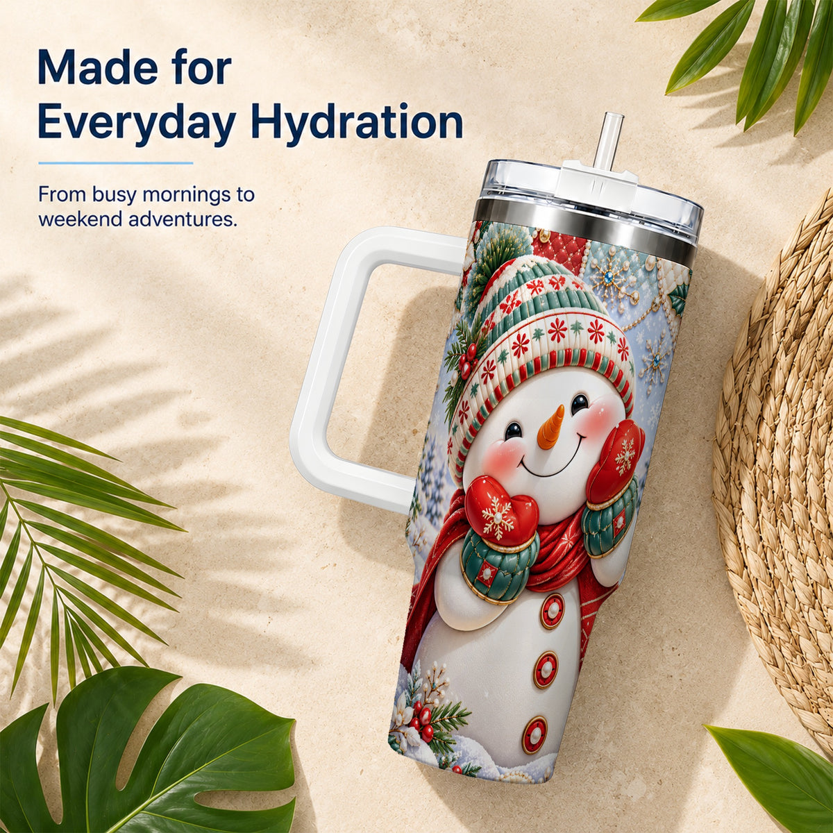 #pl[40oz|White] Cute Snowman 40oz Tumbler with Handle, Christmas Stainless Steel Cup