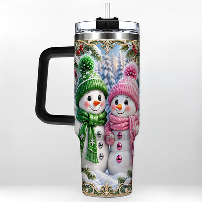 #pl[40oz|Black] Snowman Couple 40oz Tumbler with Handle, Winter Stainless Steel Cup