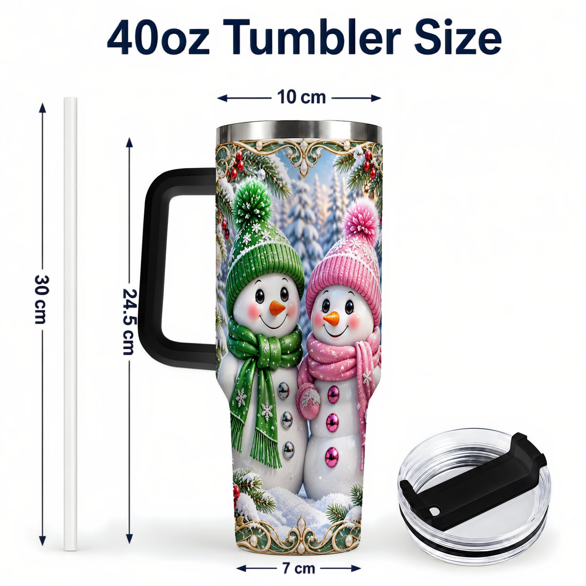 #pl[40oz|Black] Snowman Couple 40oz Tumbler with Handle, Winter Stainless Steel Cup