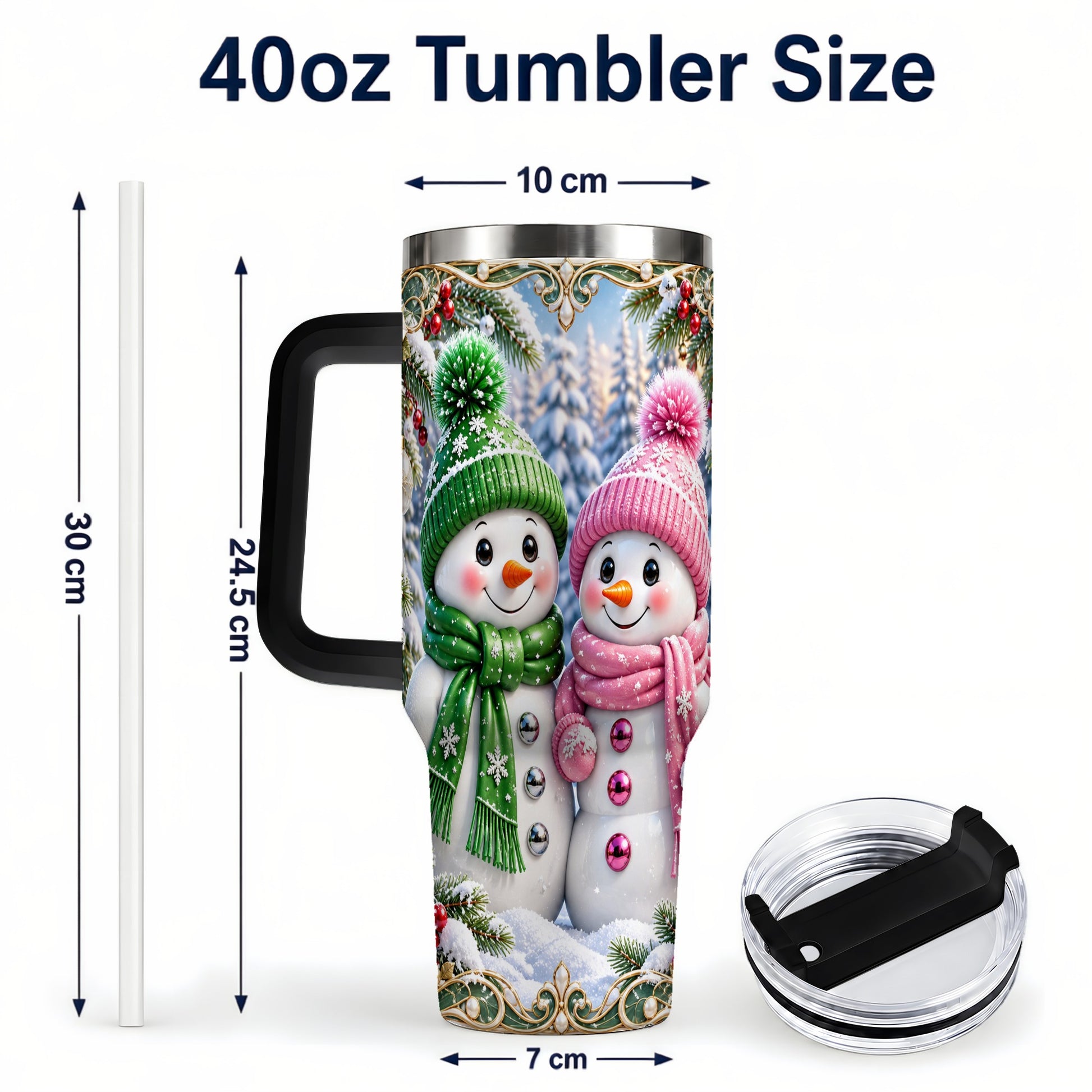 #pl[40oz|Black] Snowman Couple 40oz Tumbler with Handle, Winter Stainless Steel Cup