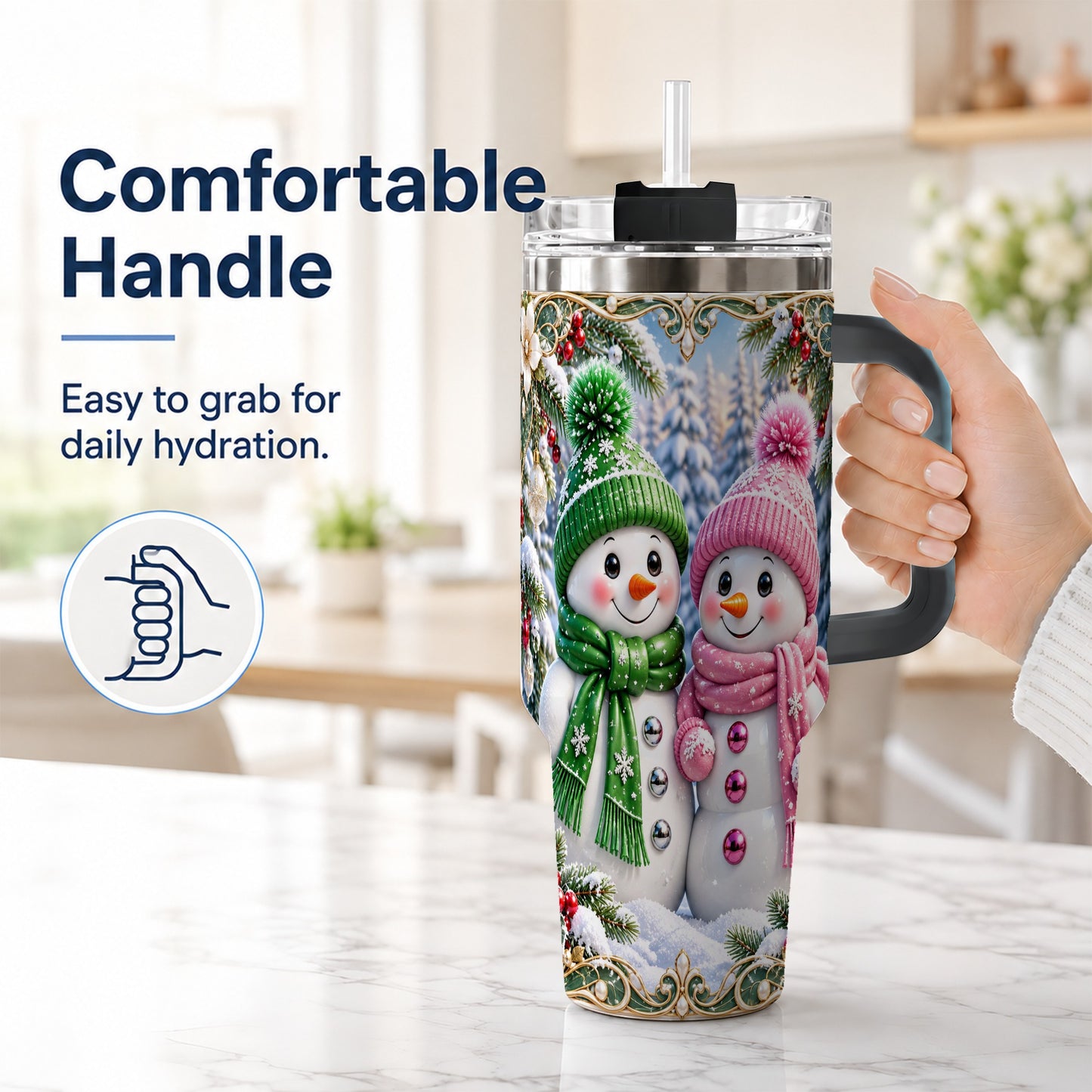 #pl[40oz|Black] Snowman Couple 40oz Tumbler with Handle, Winter Stainless Steel Cup
