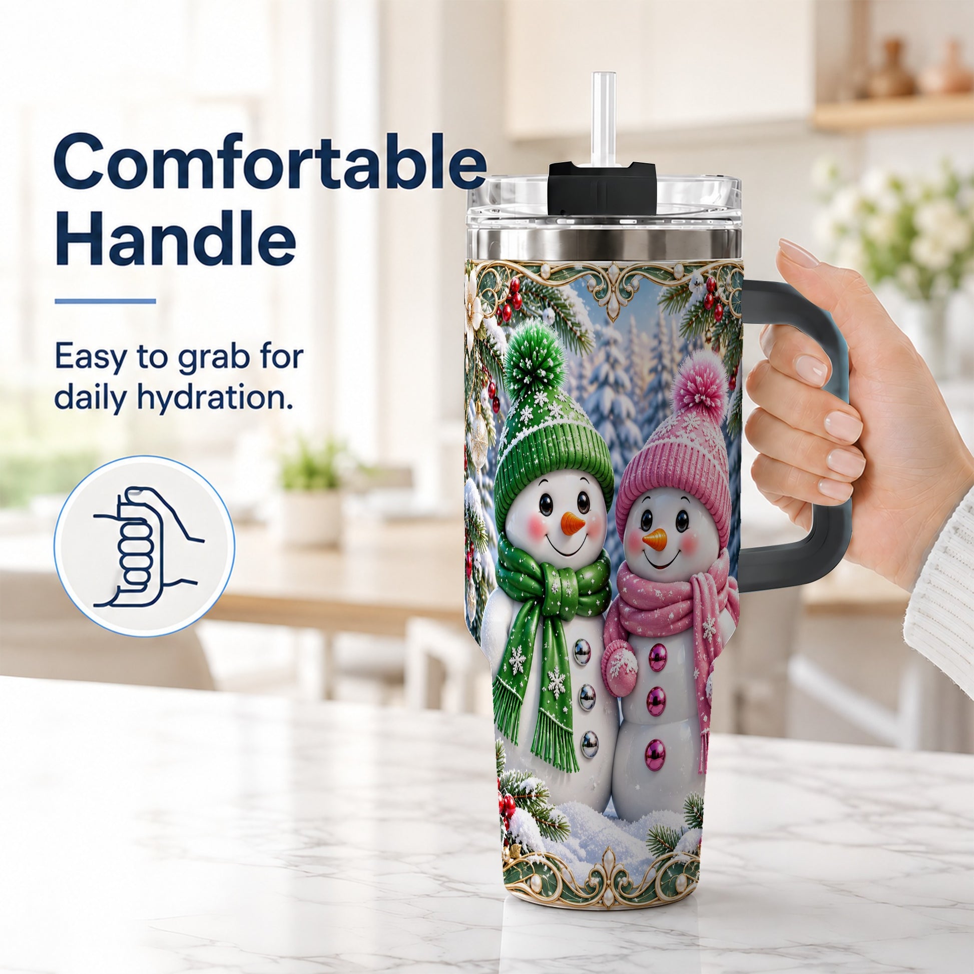#pl[40oz|Black] Snowman Couple 40oz Tumbler with Handle, Winter Stainless Steel Cup