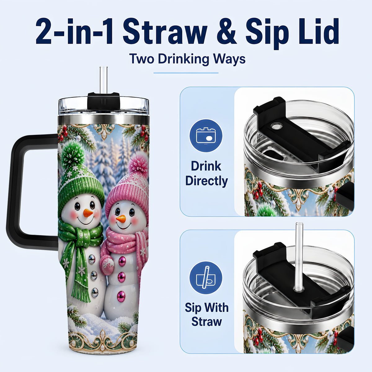 #pl[40oz|Black] Snowman Couple 40oz Tumbler with Handle, Winter Stainless Steel Cup