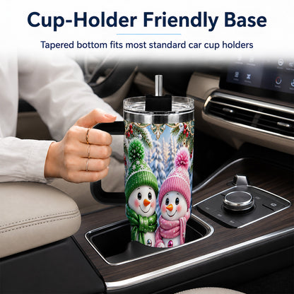 #pl[40oz|Black] Snowman Couple 40oz Tumbler with Handle, Winter Stainless Steel Cup