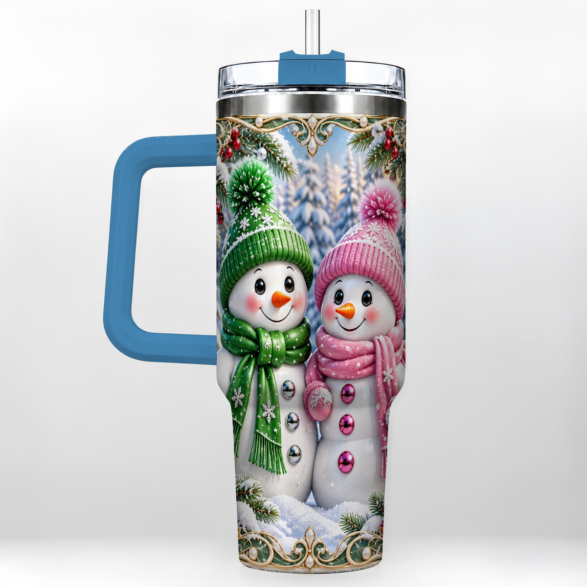 #pl[40oz|Blue] Snowman Couple 40oz Tumbler with Handle, Winter Stainless Steel Cup