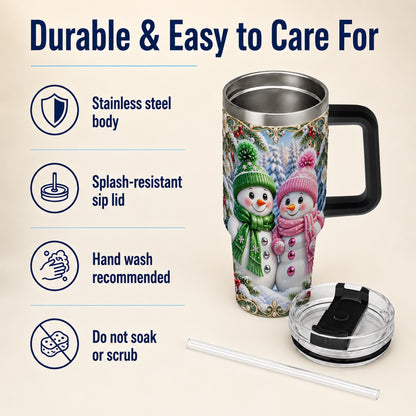 #pl[40oz|Black] Snowman Couple 40oz Tumbler with Handle, Winter Stainless Steel Cup