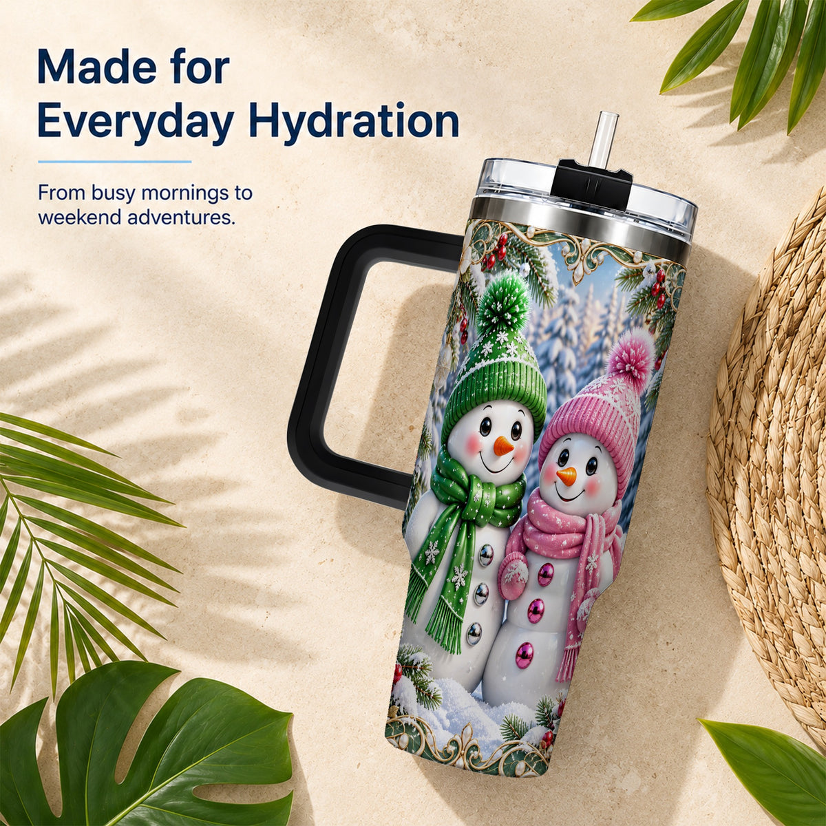 #pl[40oz|Black] Snowman Couple 40oz Tumbler with Handle, Winter Stainless Steel Cup