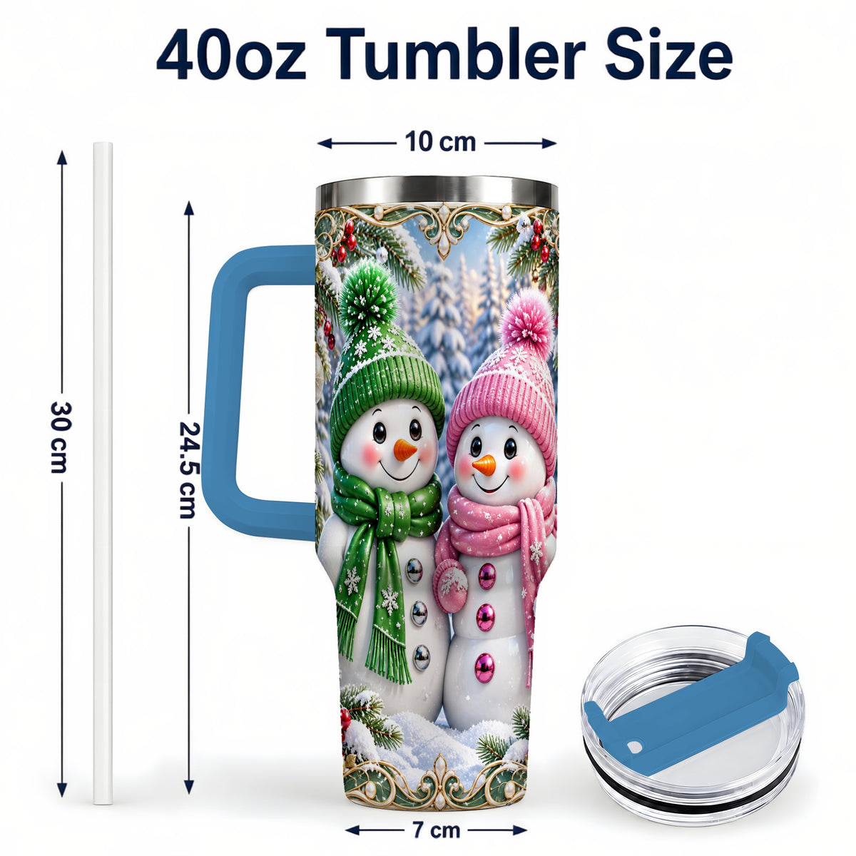 #pl[40oz|Blue] Snowman Couple 40oz Tumbler with Handle, Winter Stainless Steel Cup