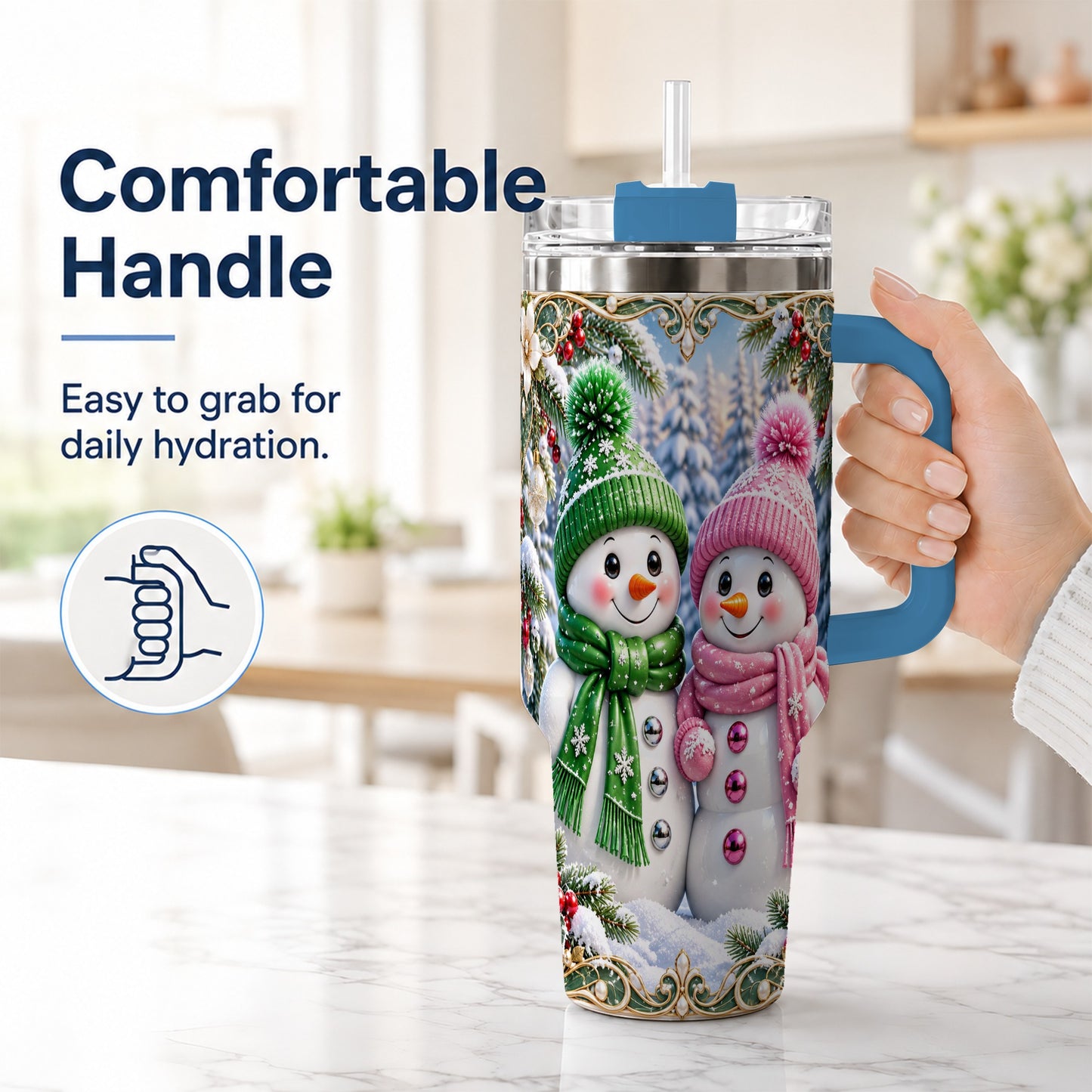 #pl[40oz|Blue] Snowman Couple 40oz Tumbler with Handle, Winter Stainless Steel Cup