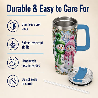 #pl[40oz|Blue] Snowman Couple 40oz Tumbler with Handle, Winter Stainless Steel Cup