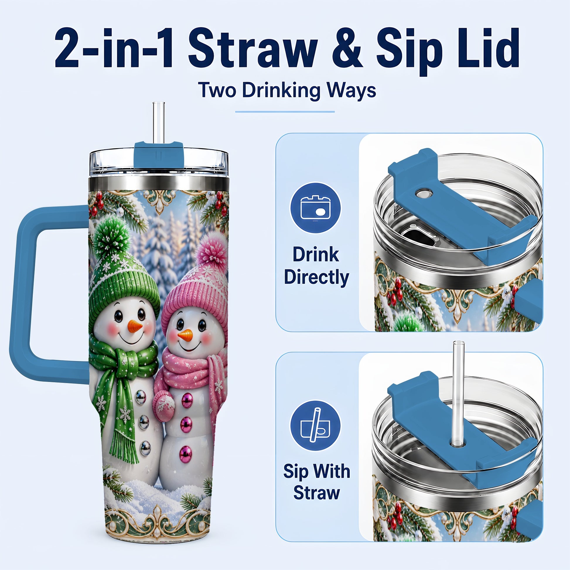 #pl[40oz|Blue] Snowman Couple 40oz Tumbler with Handle, Winter Stainless Steel Cup