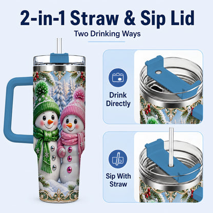 #pl[40oz|Blue] Snowman Couple 40oz Tumbler with Handle, Winter Stainless Steel Cup