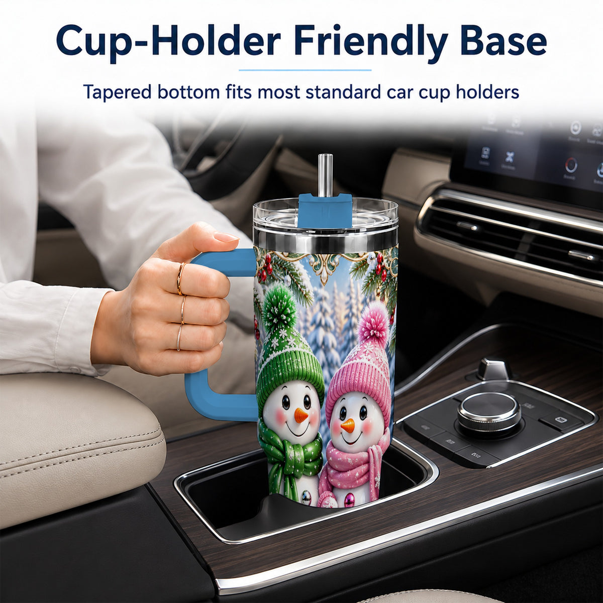#pl[40oz|Blue] Snowman Couple 40oz Tumbler with Handle, Winter Stainless Steel Cup
