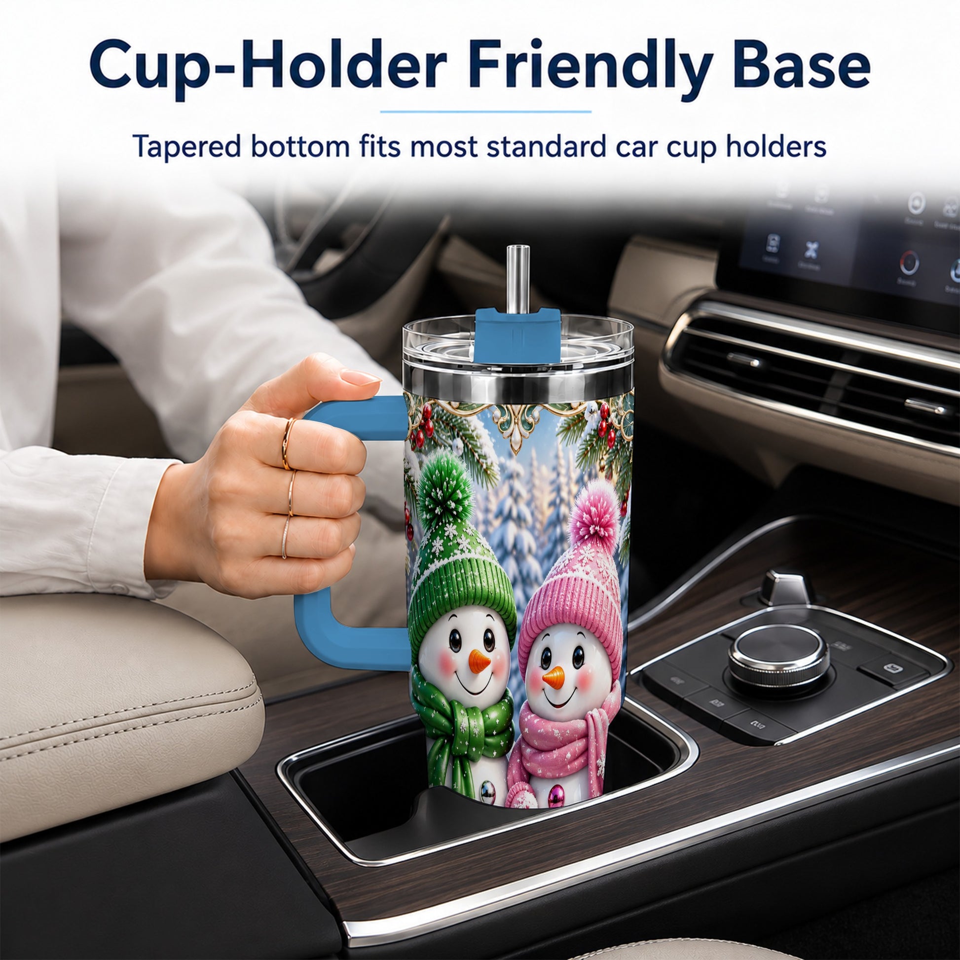 #pl[40oz|Blue] Snowman Couple 40oz Tumbler with Handle, Winter Stainless Steel Cup