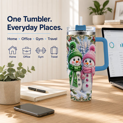 #pl[40oz|Blue] Snowman Couple 40oz Tumbler with Handle, Winter Stainless Steel Cup