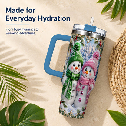 #pl[40oz|Blue] Snowman Couple 40oz Tumbler with Handle, Winter Stainless Steel Cup
