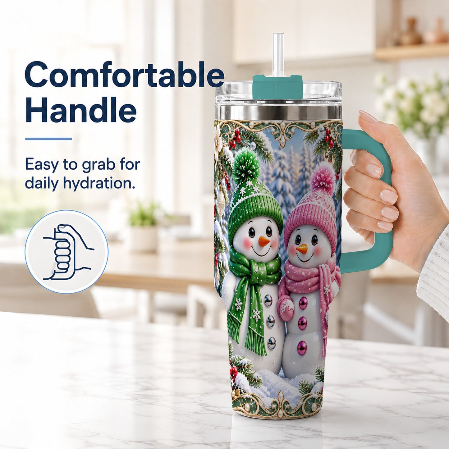 #pl[40oz|Green] Snowman Couple 40oz Tumbler with Handle, Winter Stainless Steel Cup