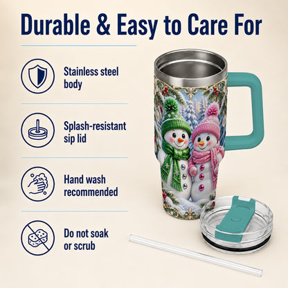 #pl[40oz|Green] Snowman Couple 40oz Tumbler with Handle, Winter Stainless Steel Cup