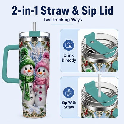 #pl[40oz|Green] Snowman Couple 40oz Tumbler with Handle, Winter Stainless Steel Cup