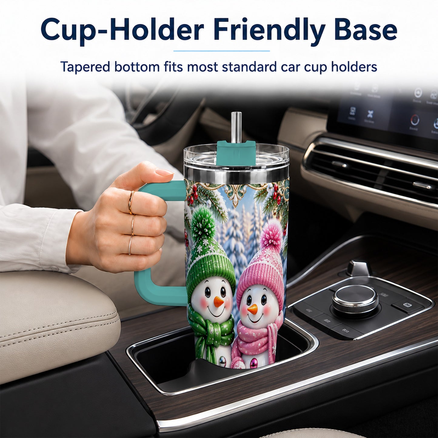 #pl[40oz|Green] Snowman Couple 40oz Tumbler with Handle, Winter Stainless Steel Cup
