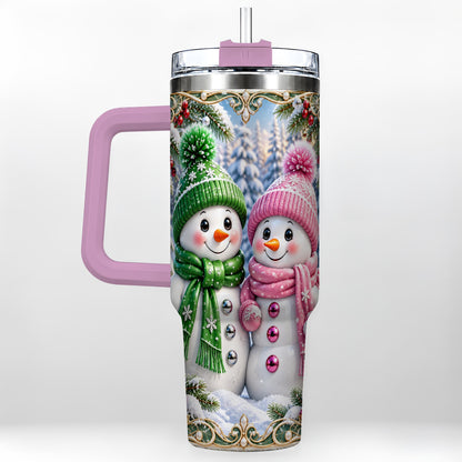 #pl[40oz|Pink] Snowman Couple 40oz Tumbler with Handle, Winter Stainless Steel Cup